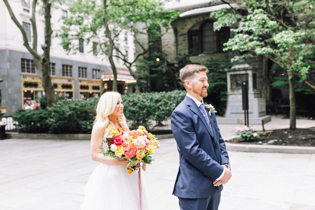 Bride & Groom in front of Old City Hall for their First Look at their Elopement day in Boston