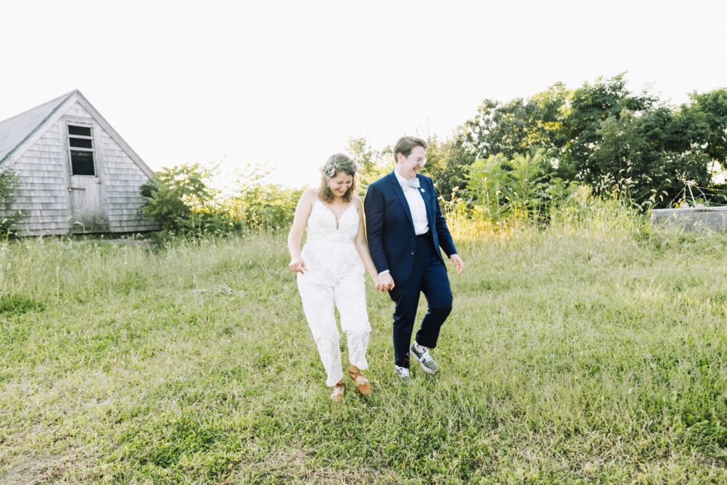 Couple Walk around the property at Wright Lock Farm in Winchester Massachusetts after their elopement ceremony
