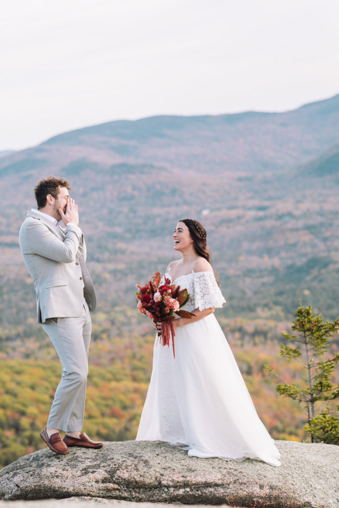 First look between man and wife on their mountain elopement 
